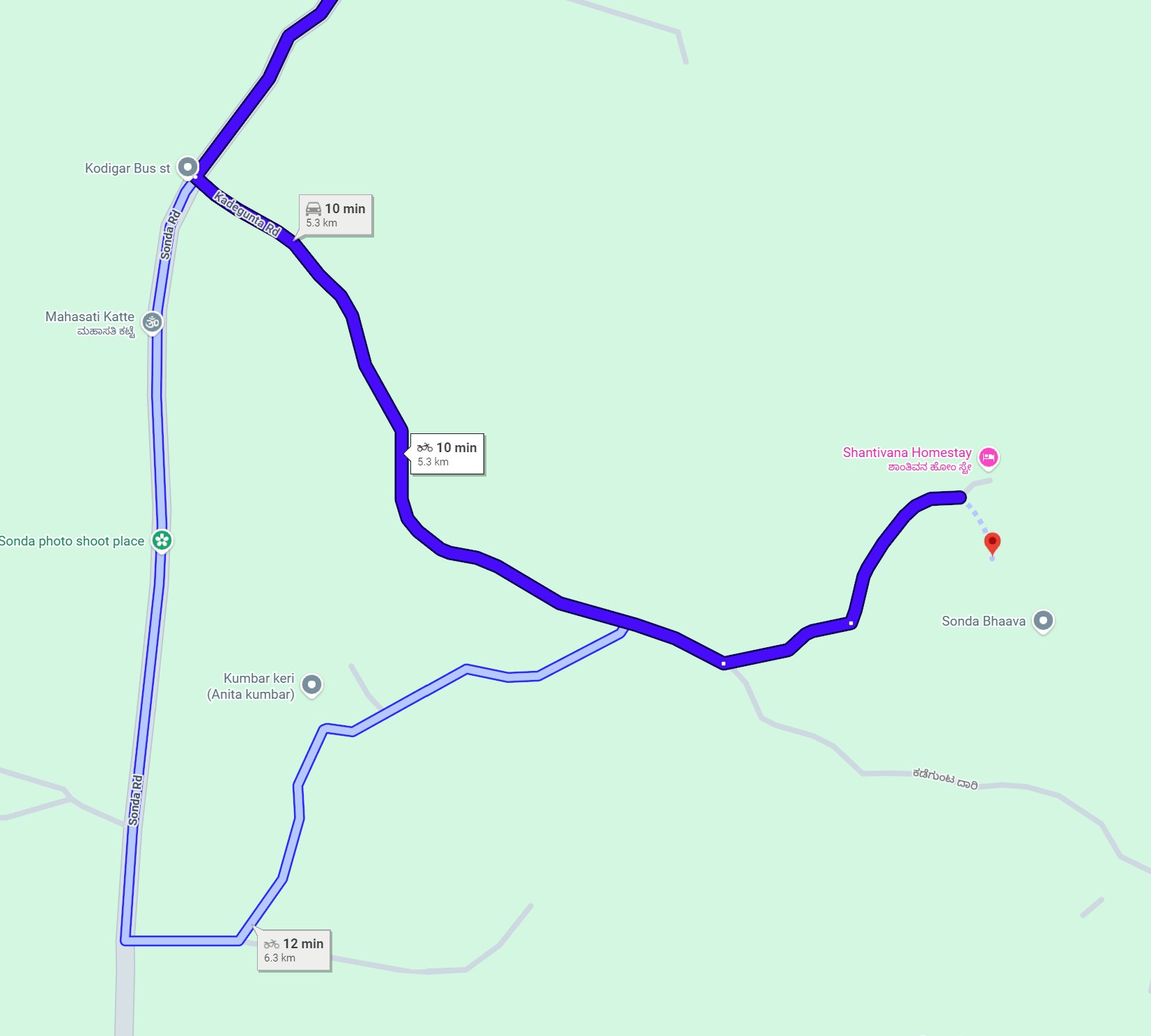 Route map from Kodigar bus stop to the temple via Kadegunta Road